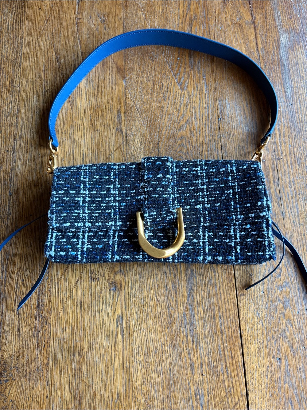 Charles & Keith Tweed Boucle Shoulder Bag Black Blue Gold Hardware